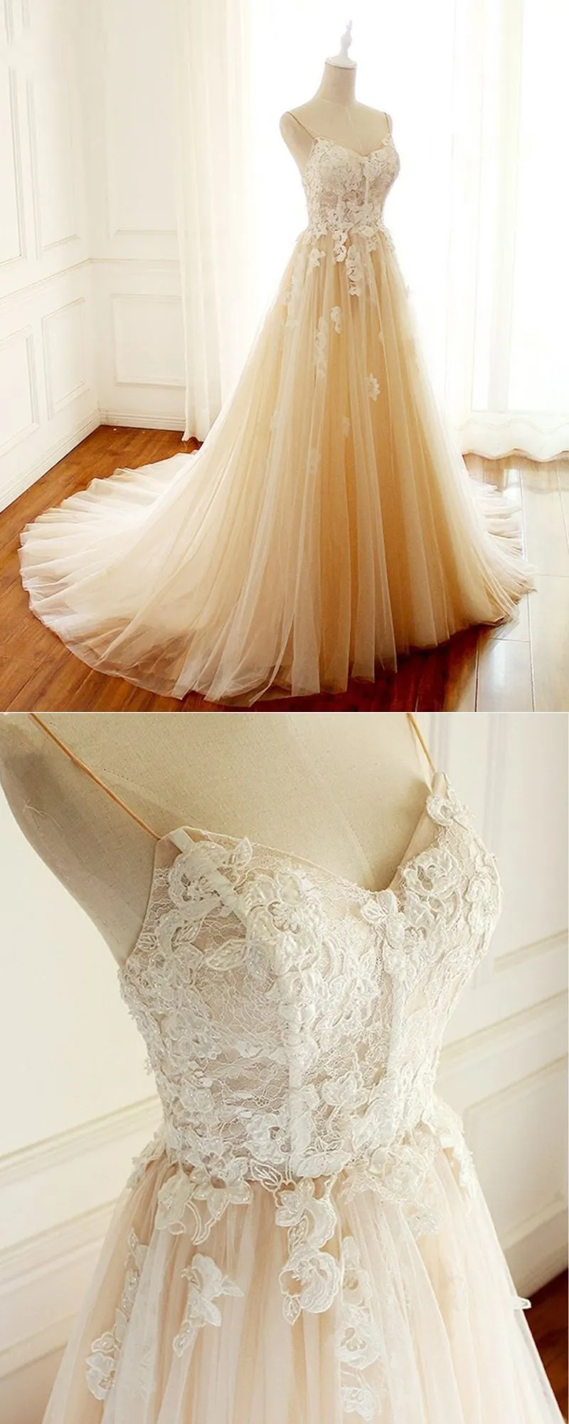 Champagne Long A-line Sweetheart Tulle Spaghetti Sweep Train Wedding Dress