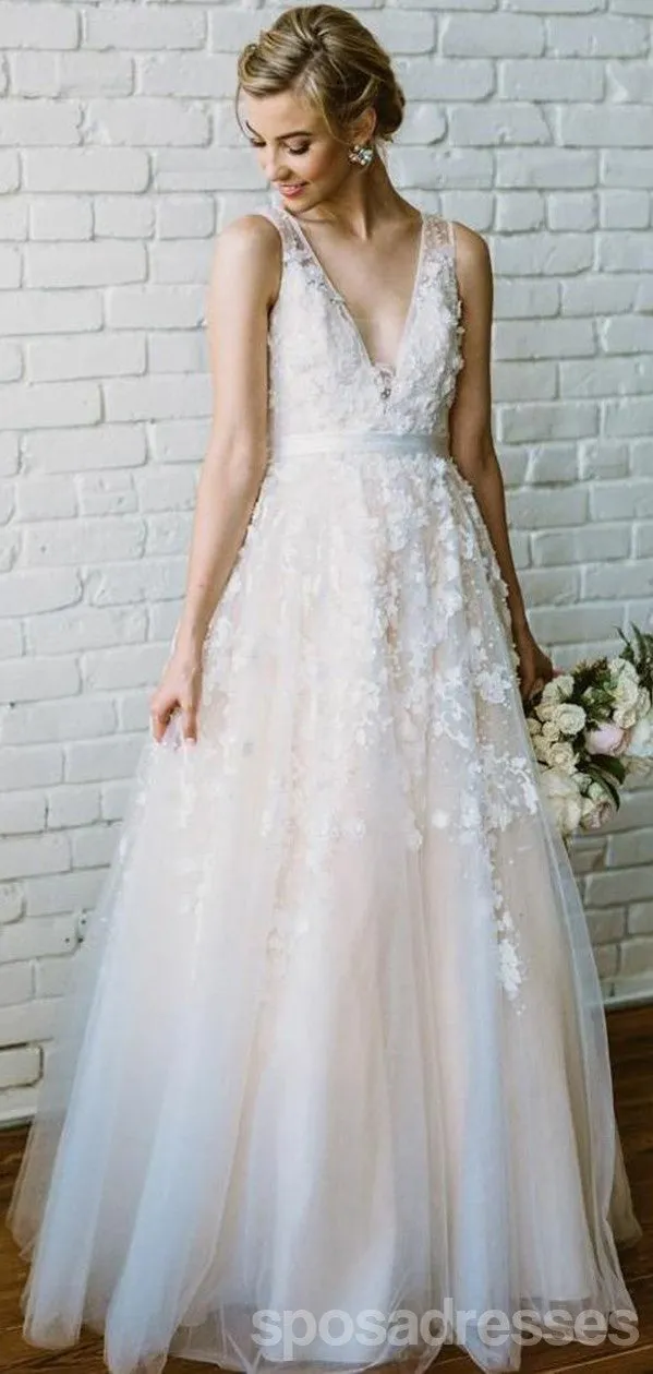 Champagne V Neck Cheap Wedding Dresses Online, Tulle A-line Bridal Dresses, WD436