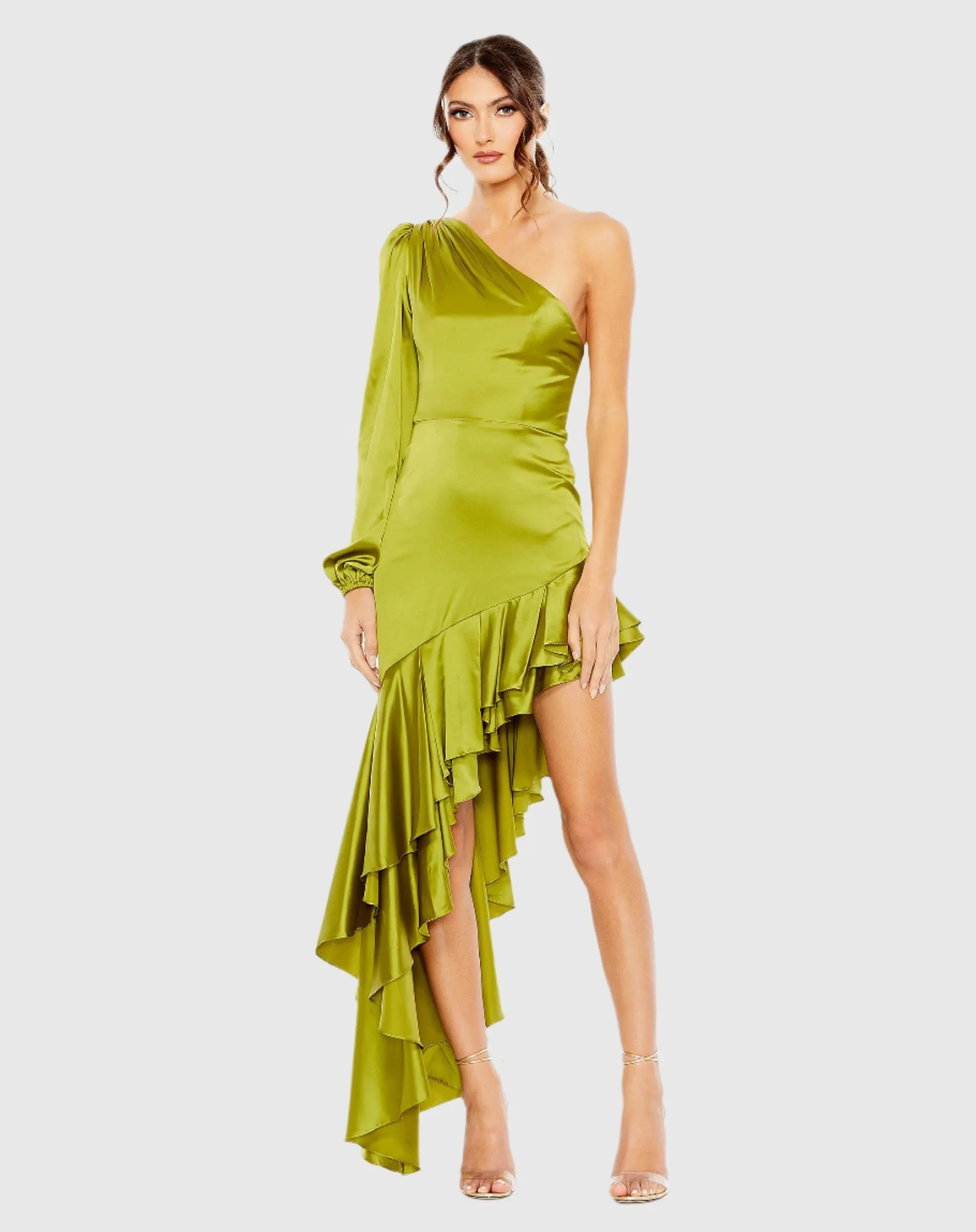 Charmeuse One Sleeve Ruffled Asymmetrical Gown