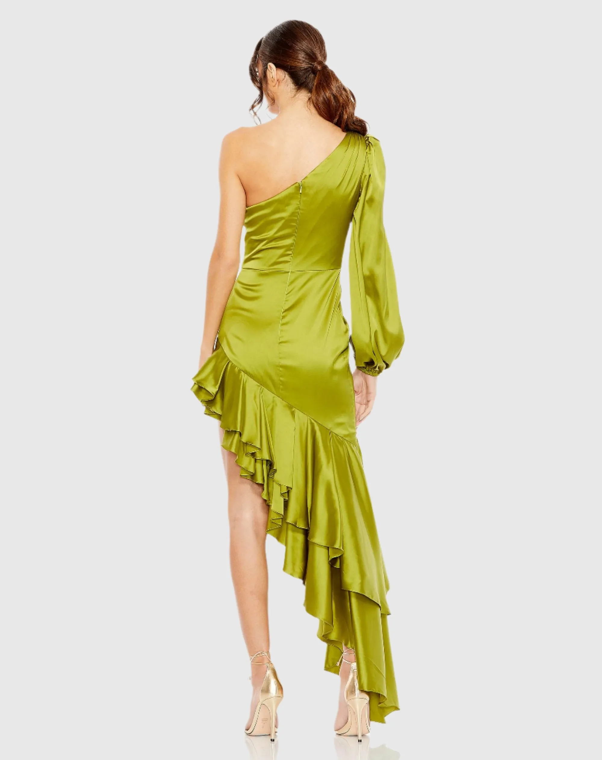 Charmeuse One Sleeve Ruffled Asymmetrical Gown