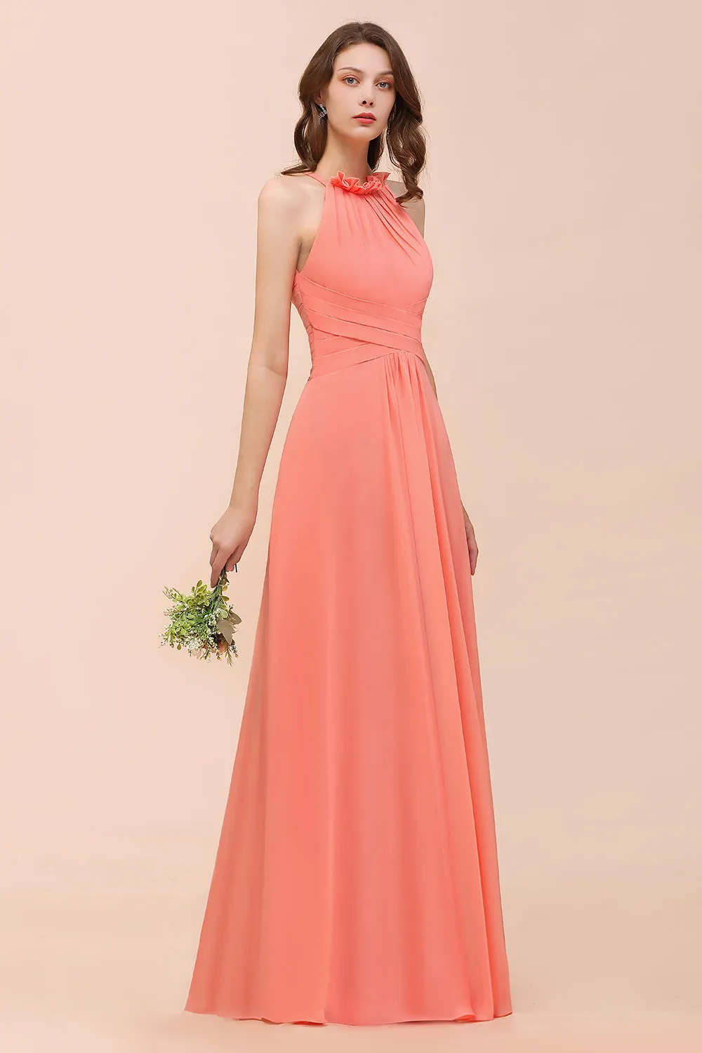 Charming Long Chiffon A-Line Halter Coral Bridesmaid Dresses