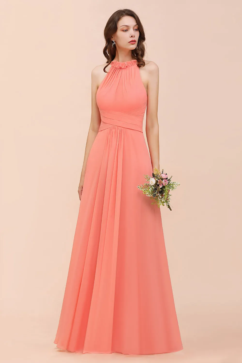 Charming Long Chiffon A-Line Halter Coral Bridesmaid Dresses