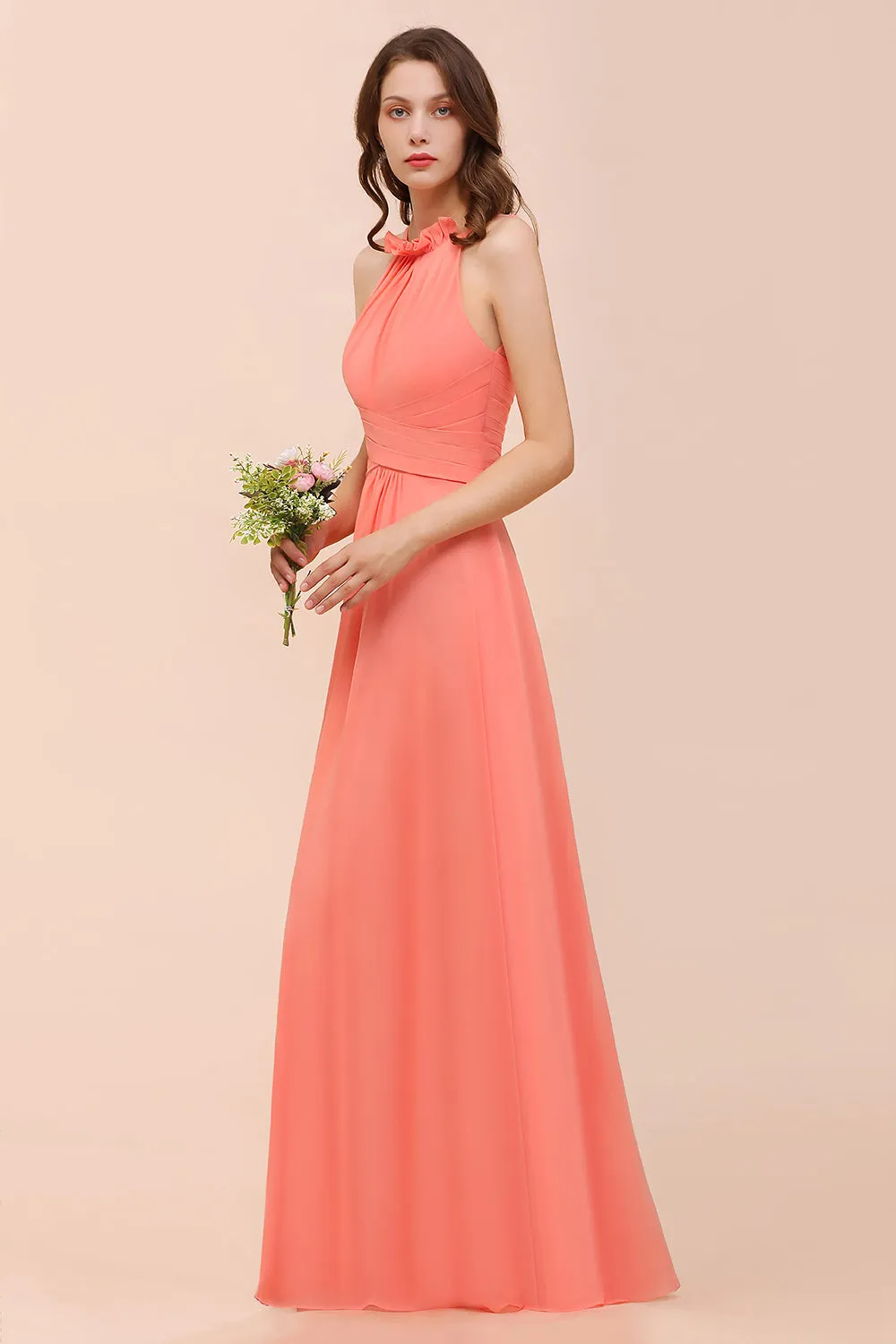 Charming Long Chiffon A-Line Halter Coral Bridesmaid Dresses