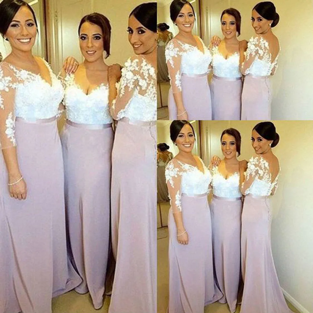 Charming Long Sleeve White Lace Elegant Long Inexpensive Wedding Party Bridesmaid Dresses, WG191