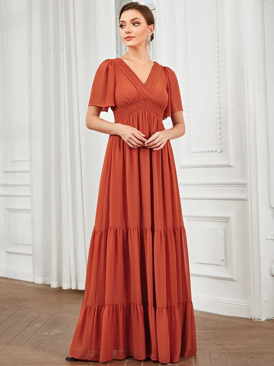 Chiffon Short Sleeve V-Neck Vintage Prairie Floor-Length Bridesmaid Dress