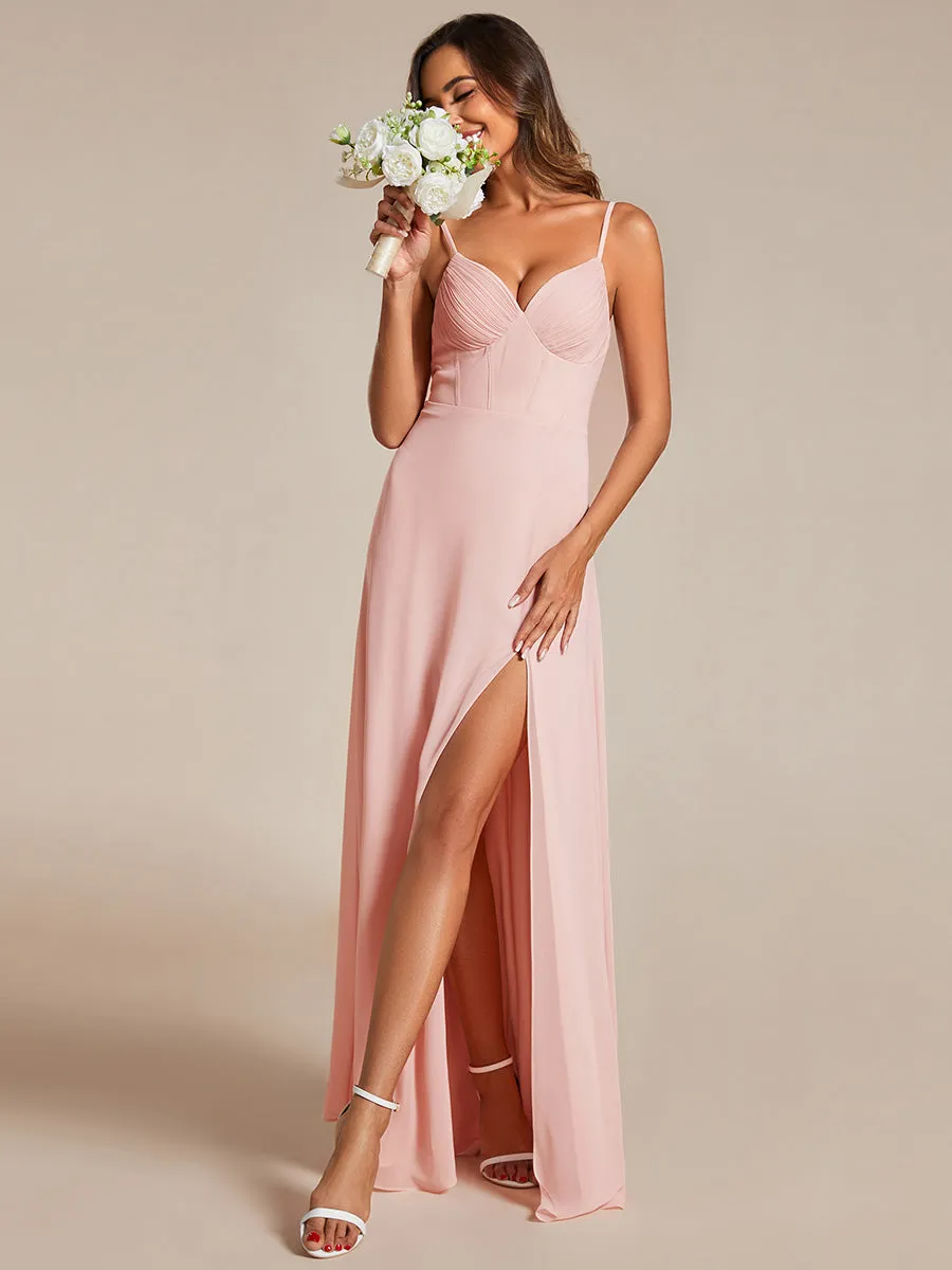 Chiffon Spaghetti Strap Bridesmaid Dress with High Split