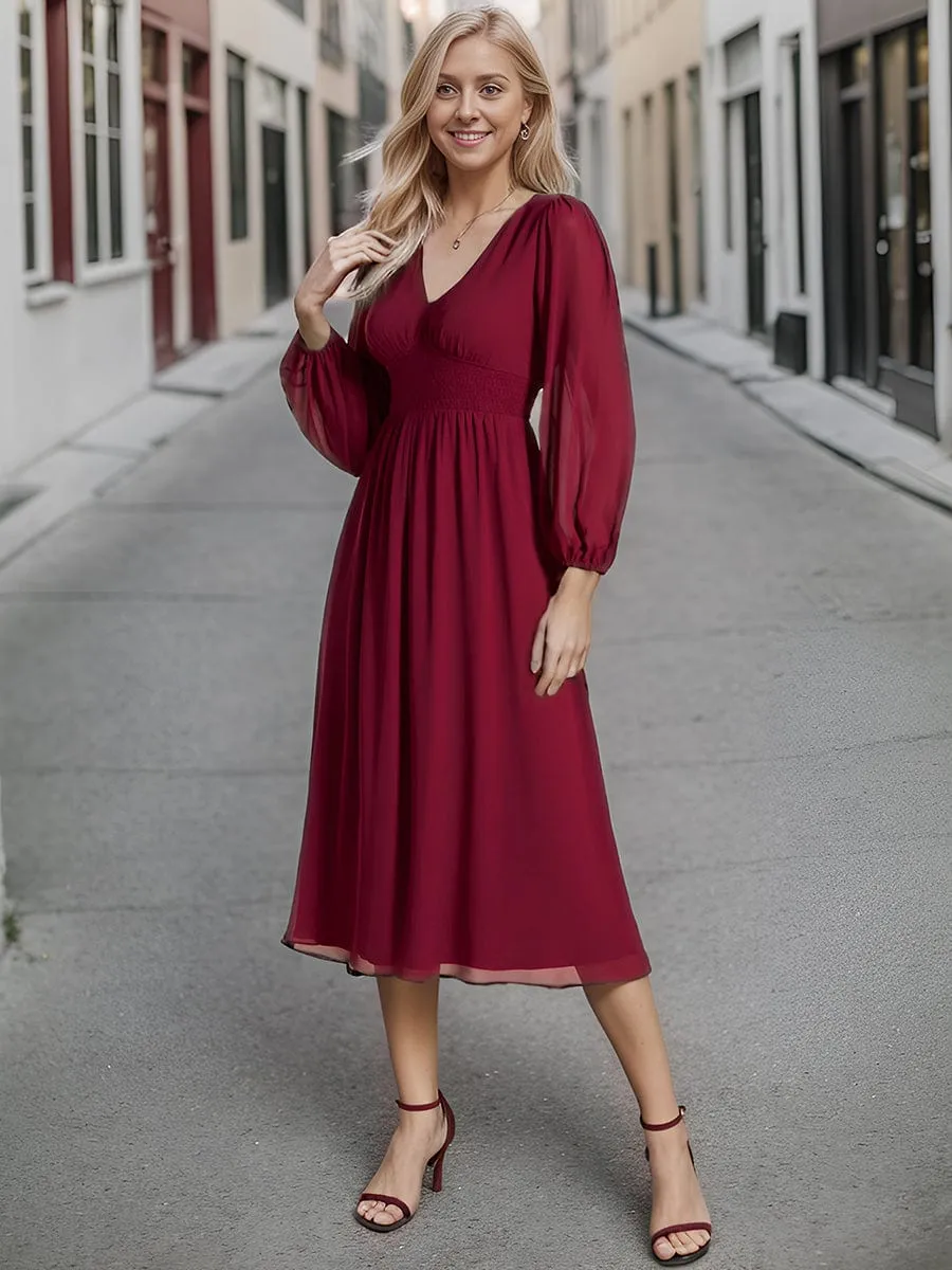 Chiffon V-Neck Long Sleeves Elastic Band Midi Wedding Guest Dress