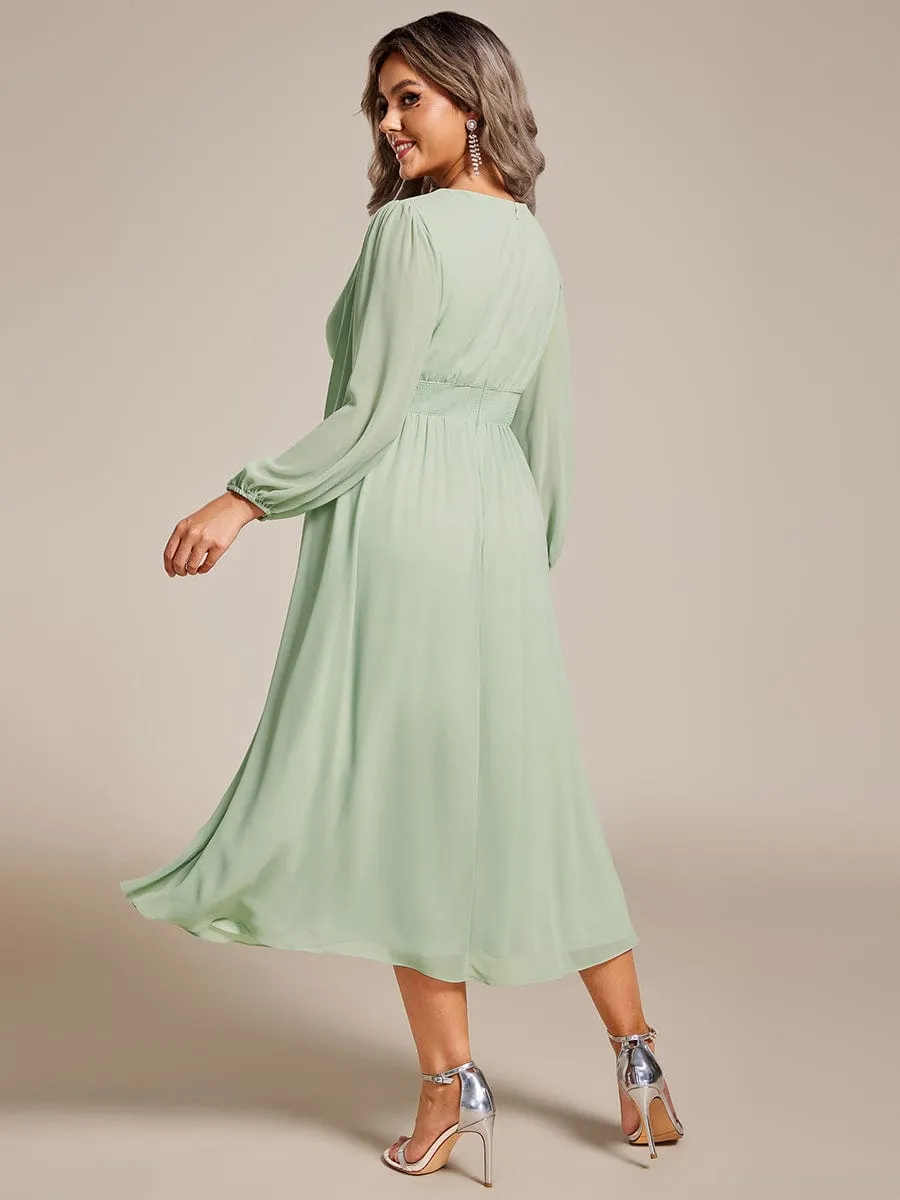 Chiffon V-Neck Long Sleeves Elastic Band Midi Wedding Guest Dress