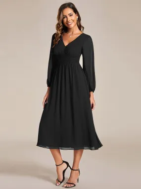 Chiffon V-Neck Long Sleeves Elastic Band Midi Wedding Guest Dress