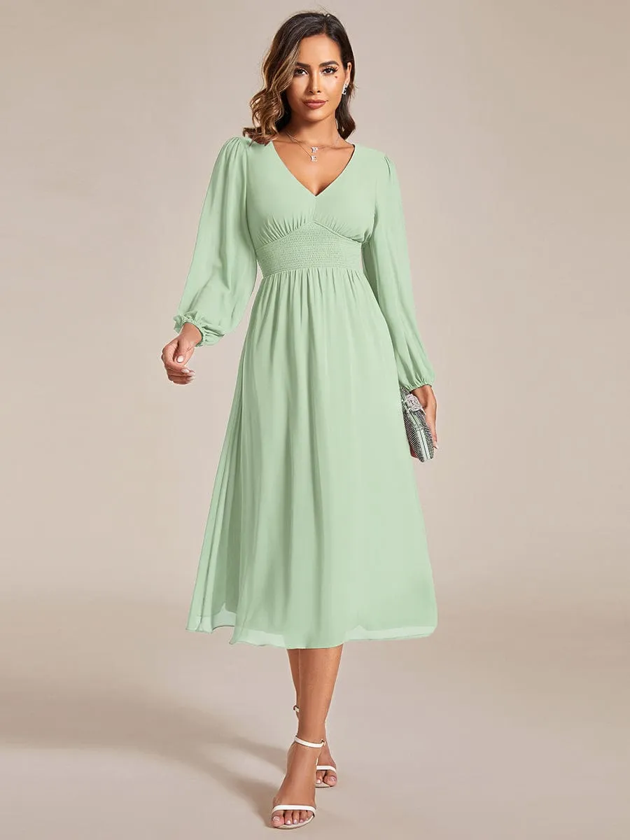 Chiffon V-Neck Long Sleeves Elastic Band Midi Wedding Guest Dress