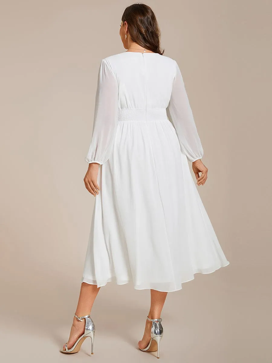 Chiffon V-Neck Long Sleeves Elastic Band Midi Wedding Guest Dress