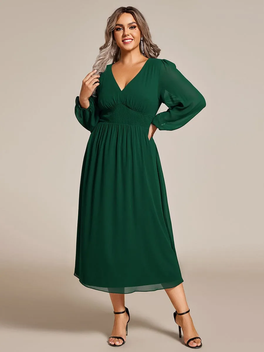 Chiffon V-Neck Long Sleeves Elastic Band Midi Wedding Guest Dress