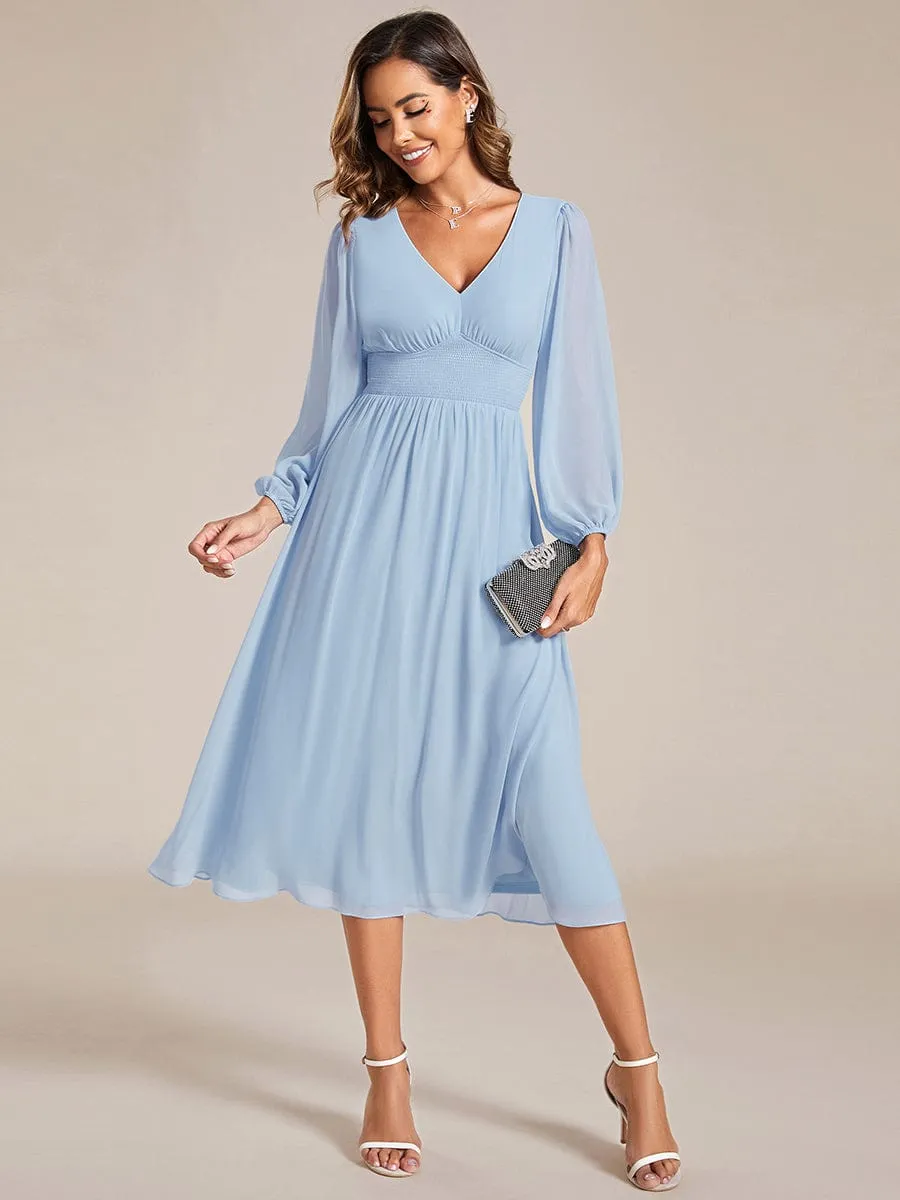 Chiffon V-Neck Long Sleeves Elastic Band Midi Wedding Guest Dress