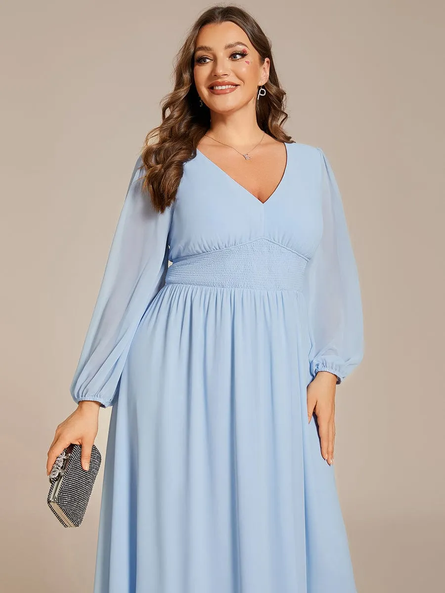 Chiffon V-Neck Long Sleeves Elastic Band Midi Wedding Guest Dress