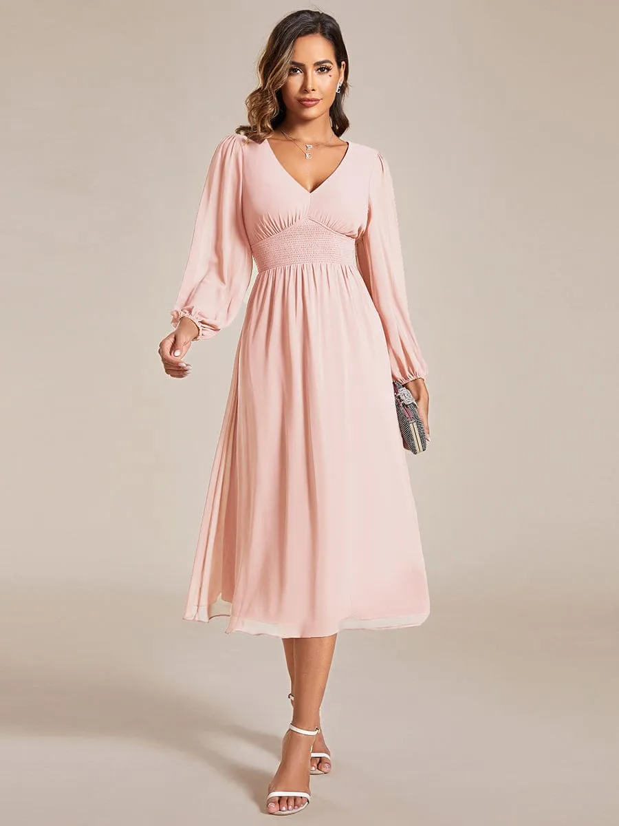 Chiffon V-Neck Long Sleeves Elastic Band Midi Wedding Guest Dress