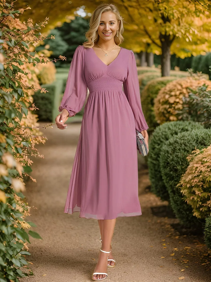 Chiffon V-Neck Long Sleeves Elastic Band Midi Wedding Guest Dress