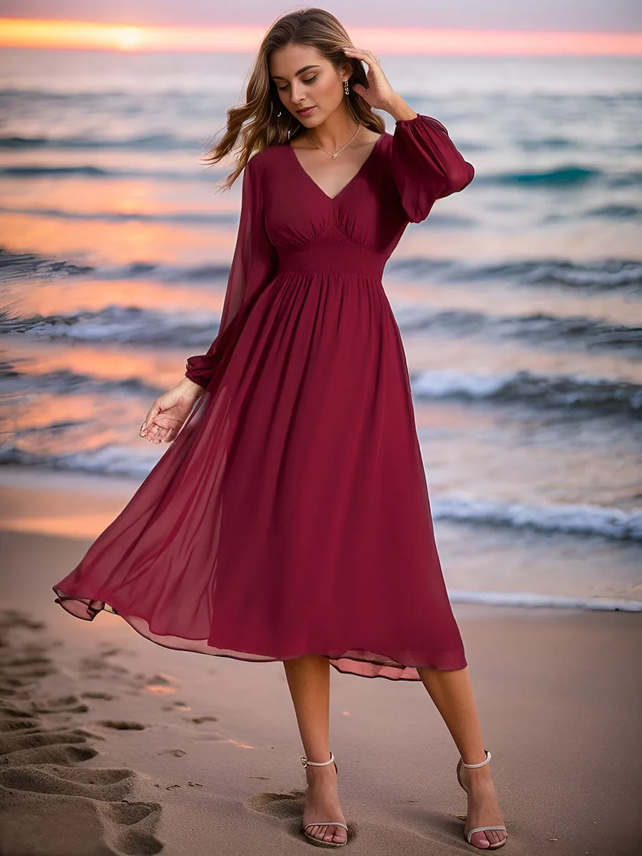 Chiffon V-Neck Long Sleeves Elastic Band Midi Wedding Guest Dress