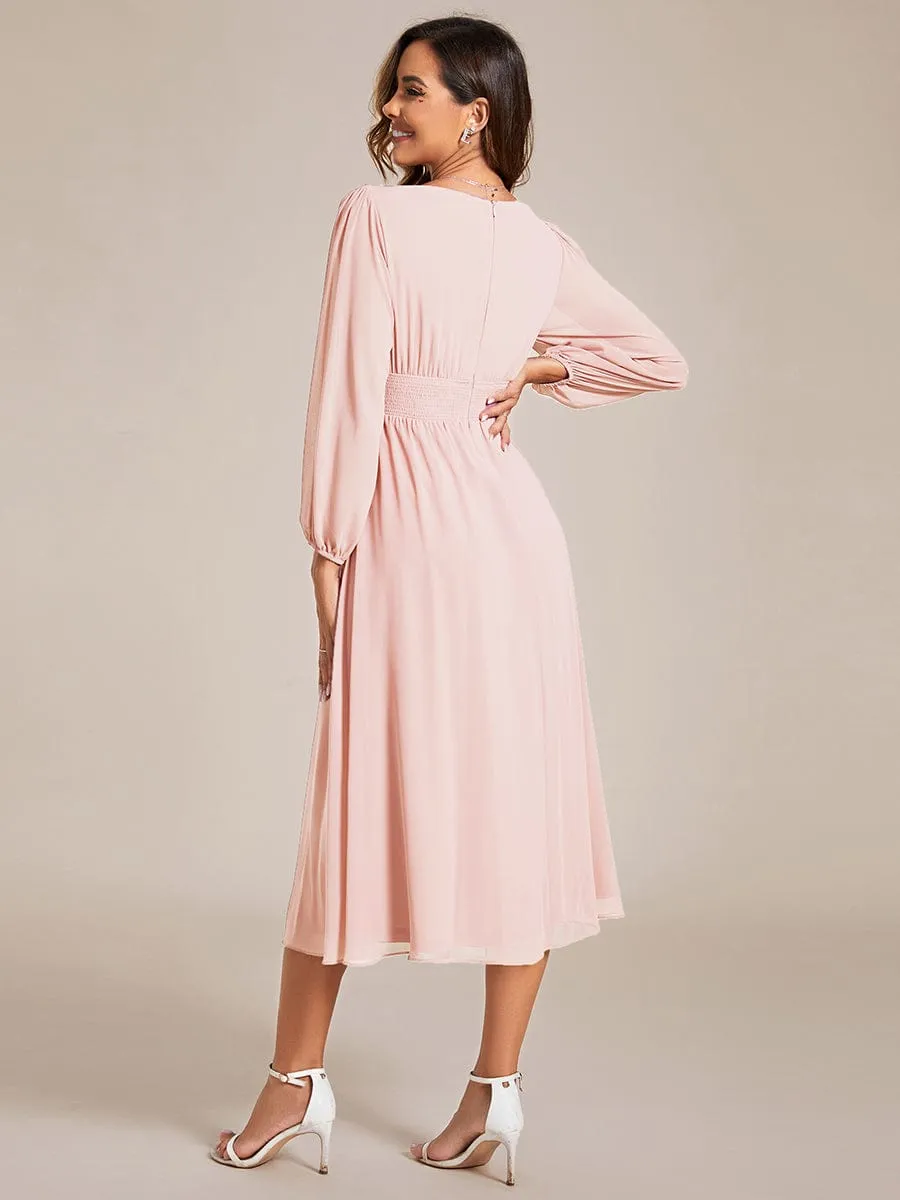 Chiffon V-Neck Long Sleeves Elastic Band Midi Wedding Guest Dress