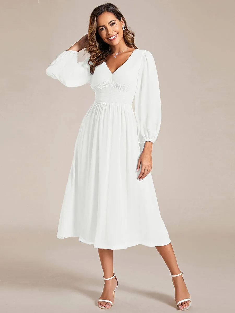 Chiffon V-Neck Long Sleeves Elastic Band Midi Wedding Guest Dress