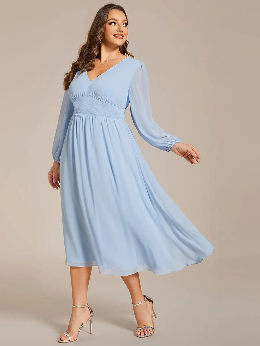 Chiffon V-Neck Long Sleeves Elastic Band Midi Wedding Guest Dress