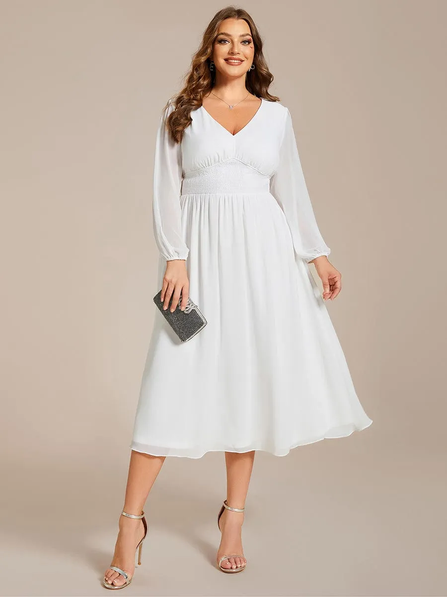 Chiffon V-Neck Long Sleeves Elastic Band Midi Wedding Guest Dress