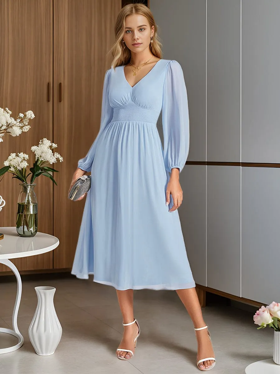 Chiffon V-Neck Long Sleeves Elastic Band Midi Wedding Guest Dress