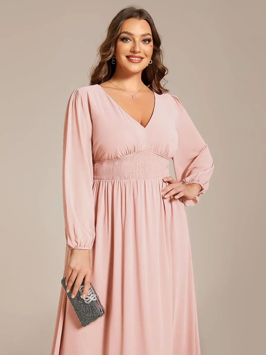 Chiffon V-Neck Long Sleeves Elastic Band Midi Wedding Guest Dress