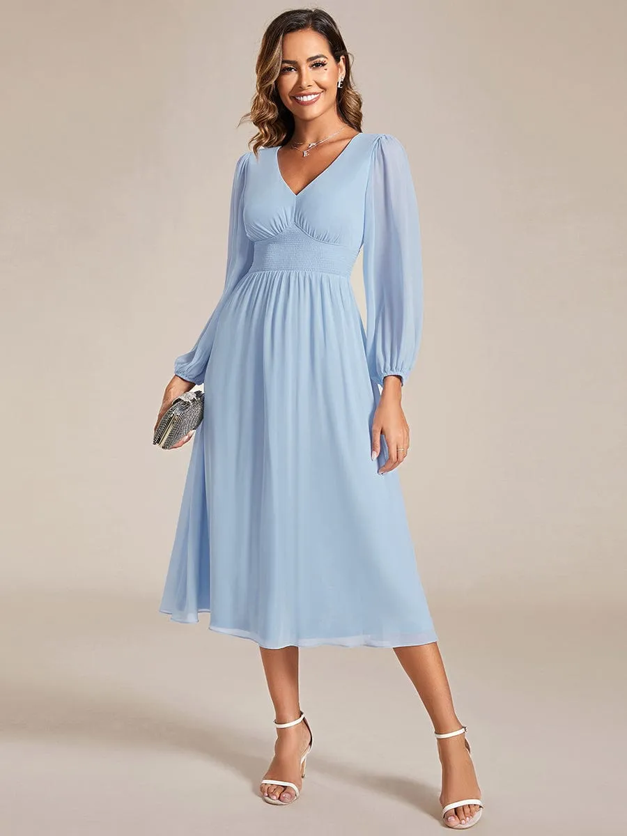 Chiffon V-Neck Long Sleeves Elastic Band Midi Wedding Guest Dress