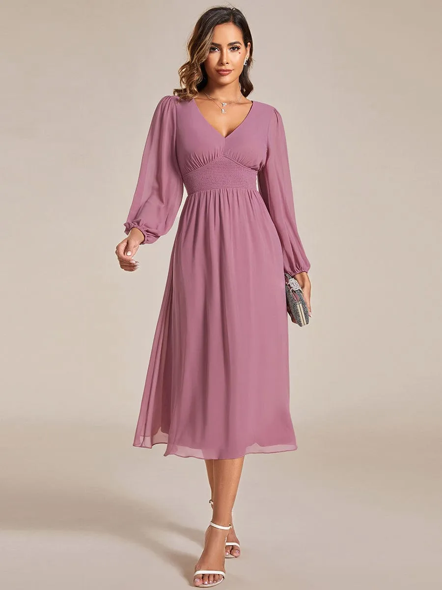 Chiffon V-Neck Long Sleeves Elastic Band Midi Wedding Guest Dress