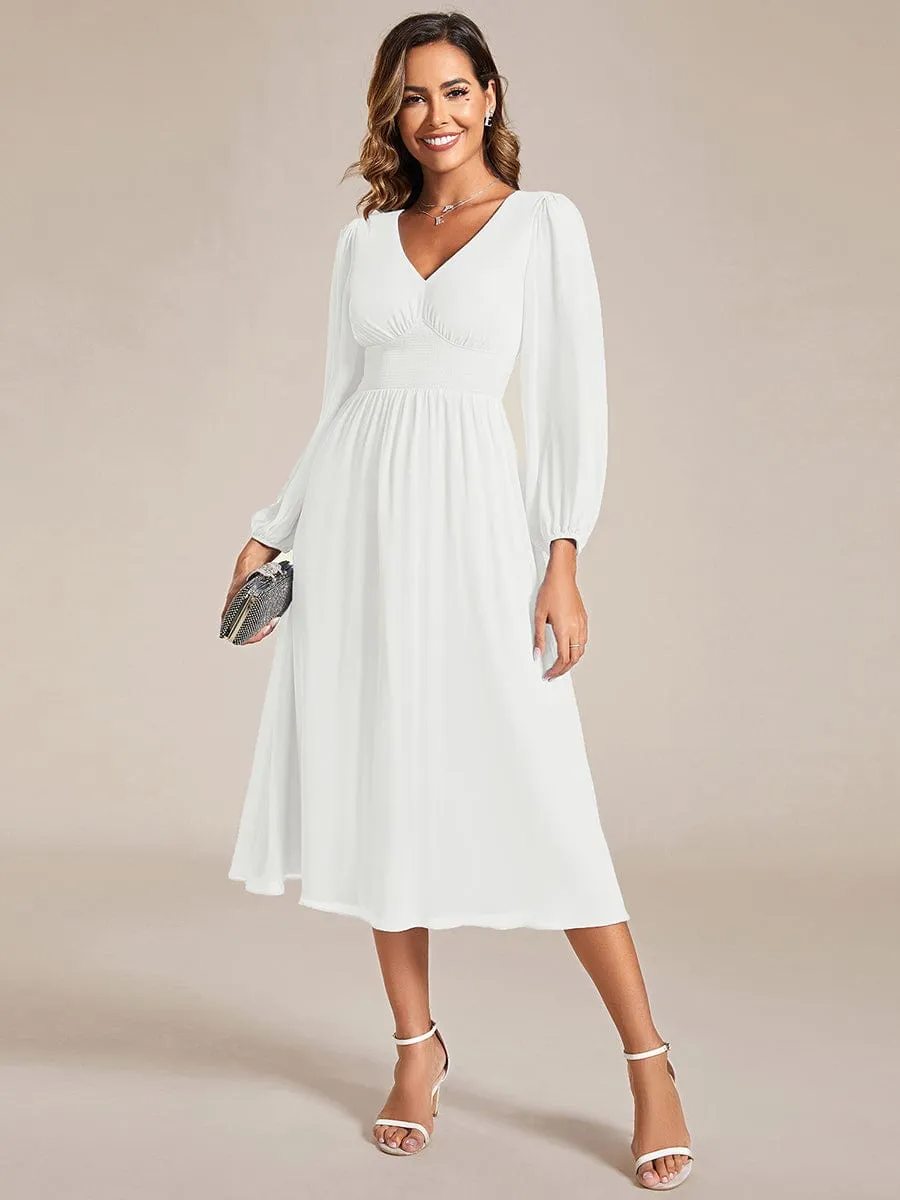 Chiffon V-Neck Long Sleeves Elastic Band Midi Wedding Guest Dress