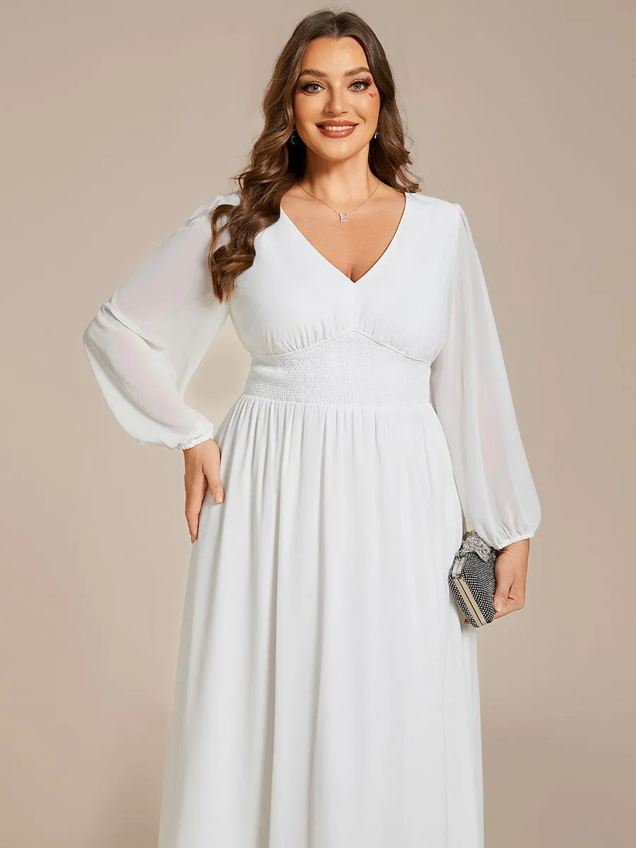 Chiffon V-Neck Long Sleeves Elastic Band Midi Wedding Guest Dress