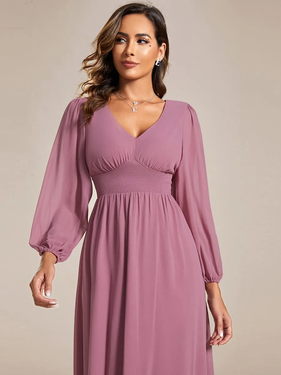 Chiffon V-Neck Long Sleeves Elastic Band Midi Wedding Guest Dress