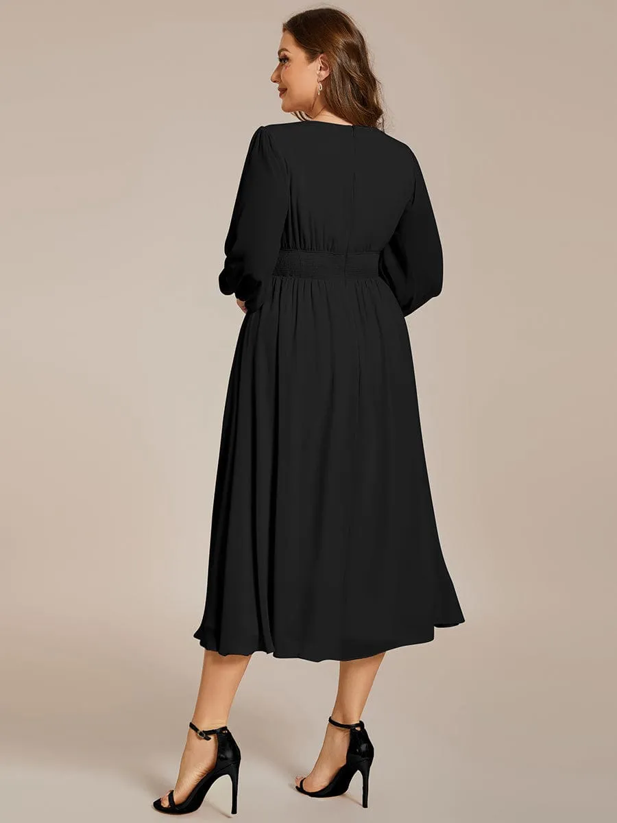 Chiffon V-Neck Long Sleeves Elastic Band Midi Wedding Guest Dress