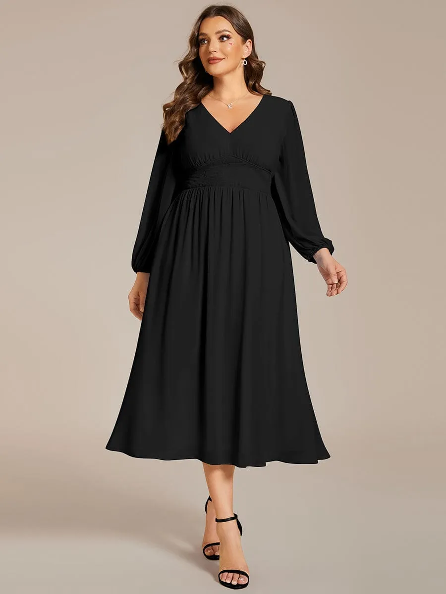 Chiffon V-Neck Long Sleeves Elastic Band Midi Wedding Guest Dress