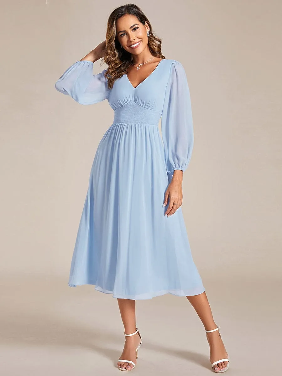 Chiffon V-Neck Long Sleeves Elastic Band Midi Wedding Guest Dress