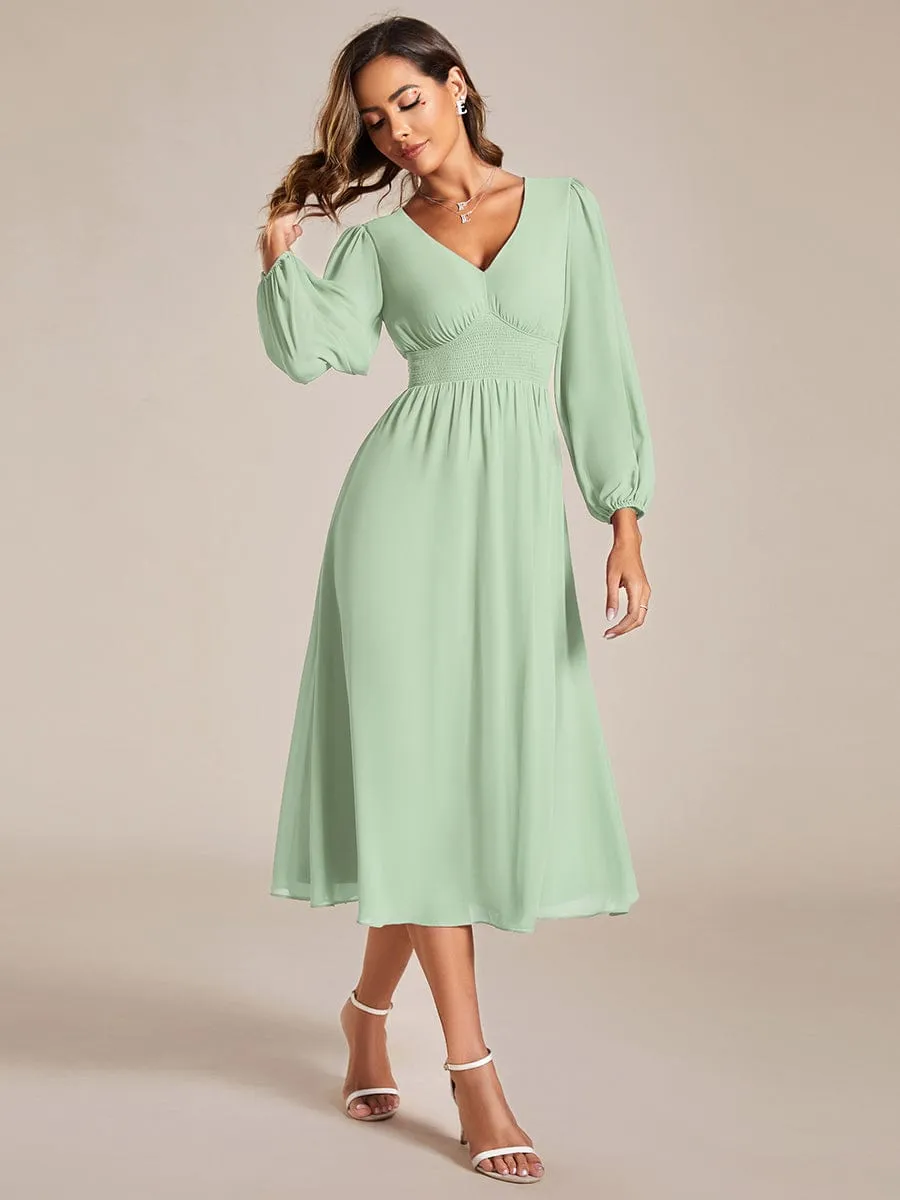 Chiffon V-Neck Long Sleeves Elastic Band Midi Wedding Guest Dress