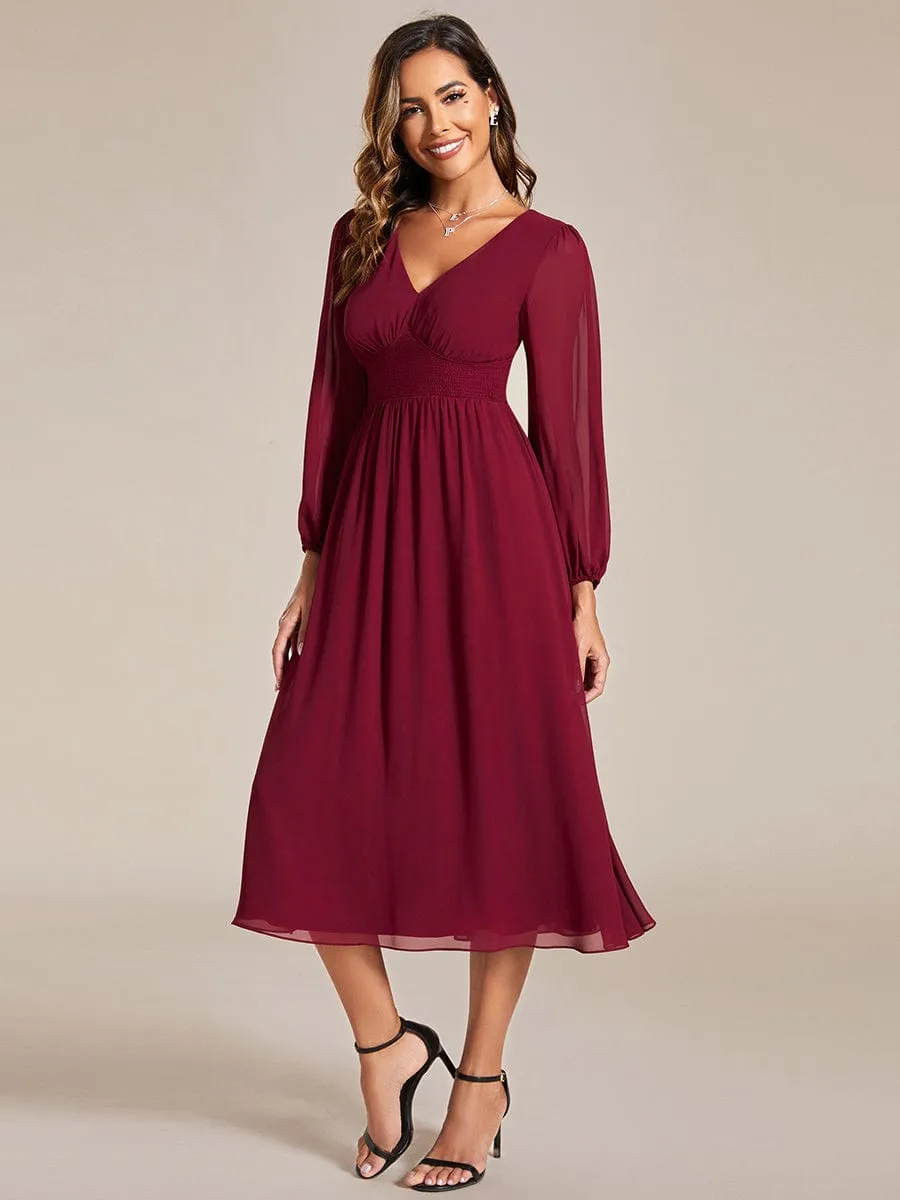 Chiffon V-Neck Long Sleeves Elastic Band Midi Wedding Guest Dress