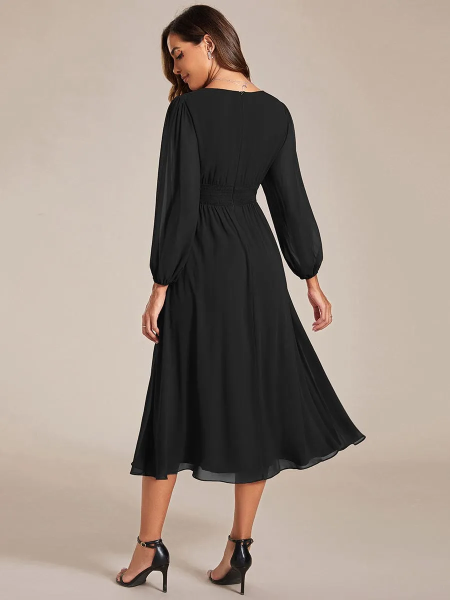 Chiffon V-Neck Long Sleeves Elastic Band Midi Wedding Guest Dress