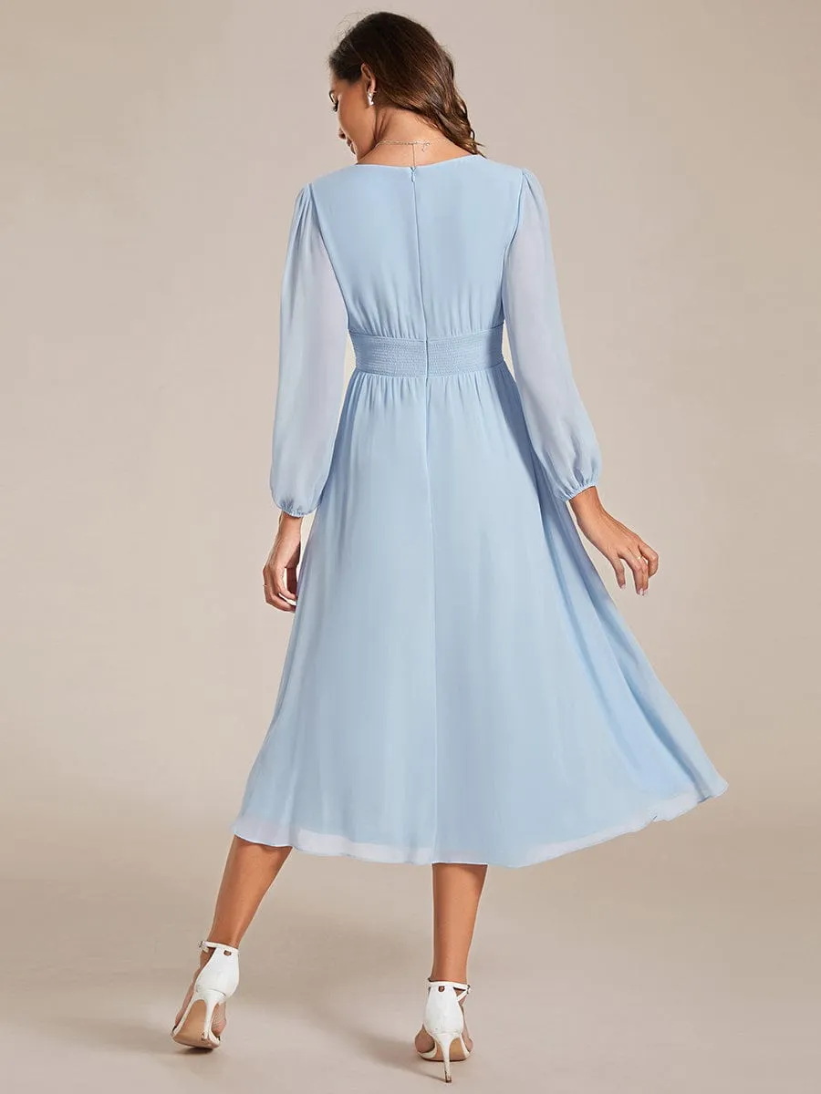 Chiffon V-Neck Long Sleeves Elastic Band Midi Wedding Guest Dress