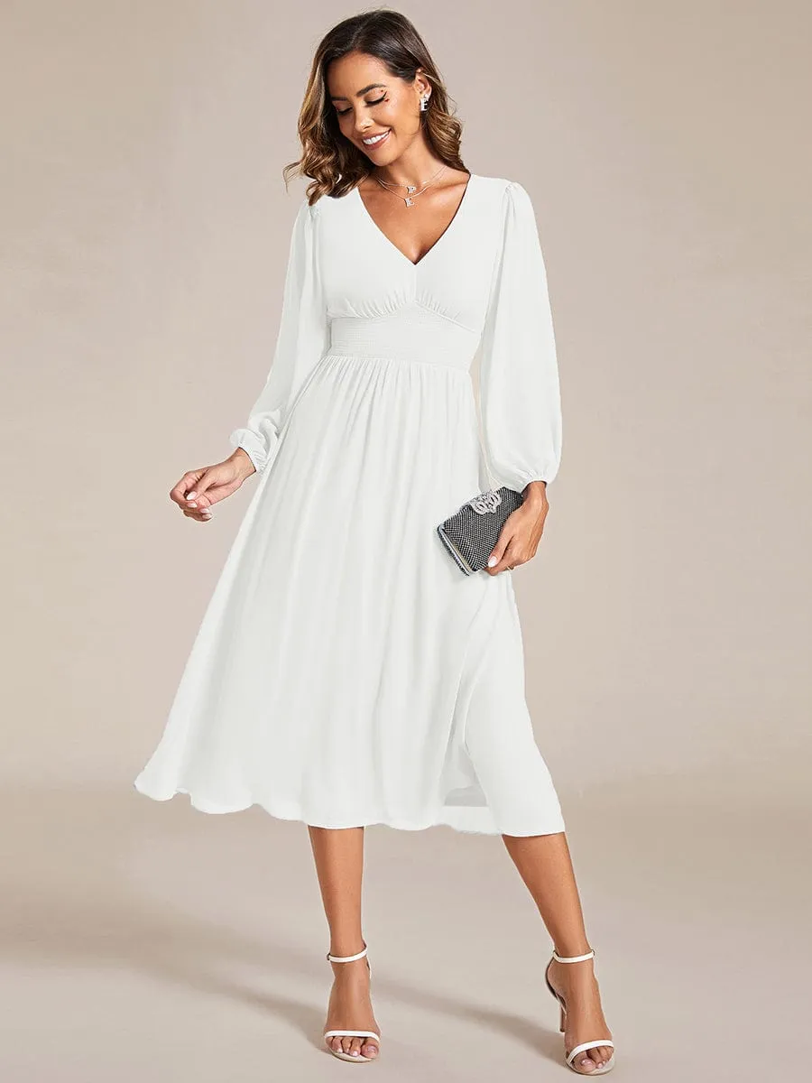 Chiffon V-Neck Long Sleeves Elastic Band Midi Wedding Guest Dress