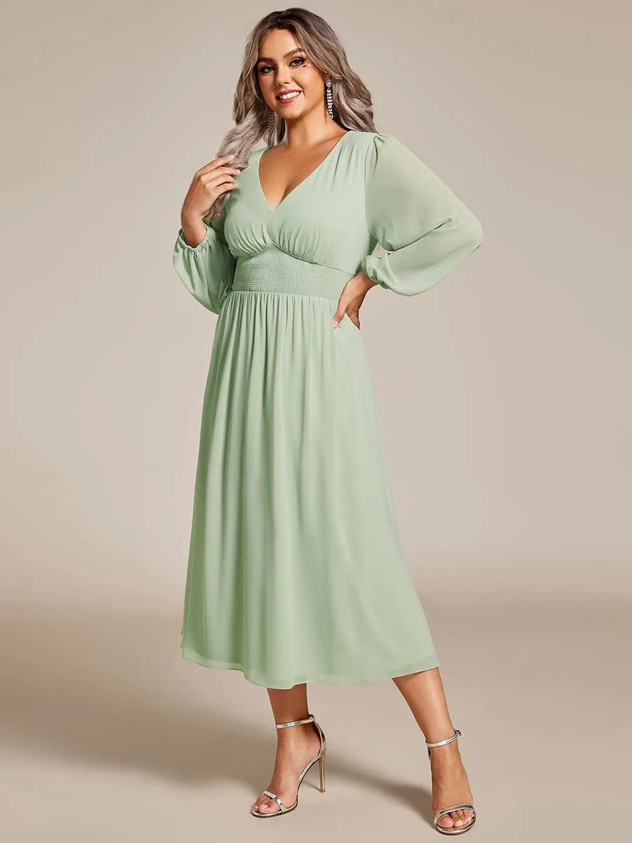 Chiffon V-Neck Long Sleeves Elastic Band Midi Wedding Guest Dress