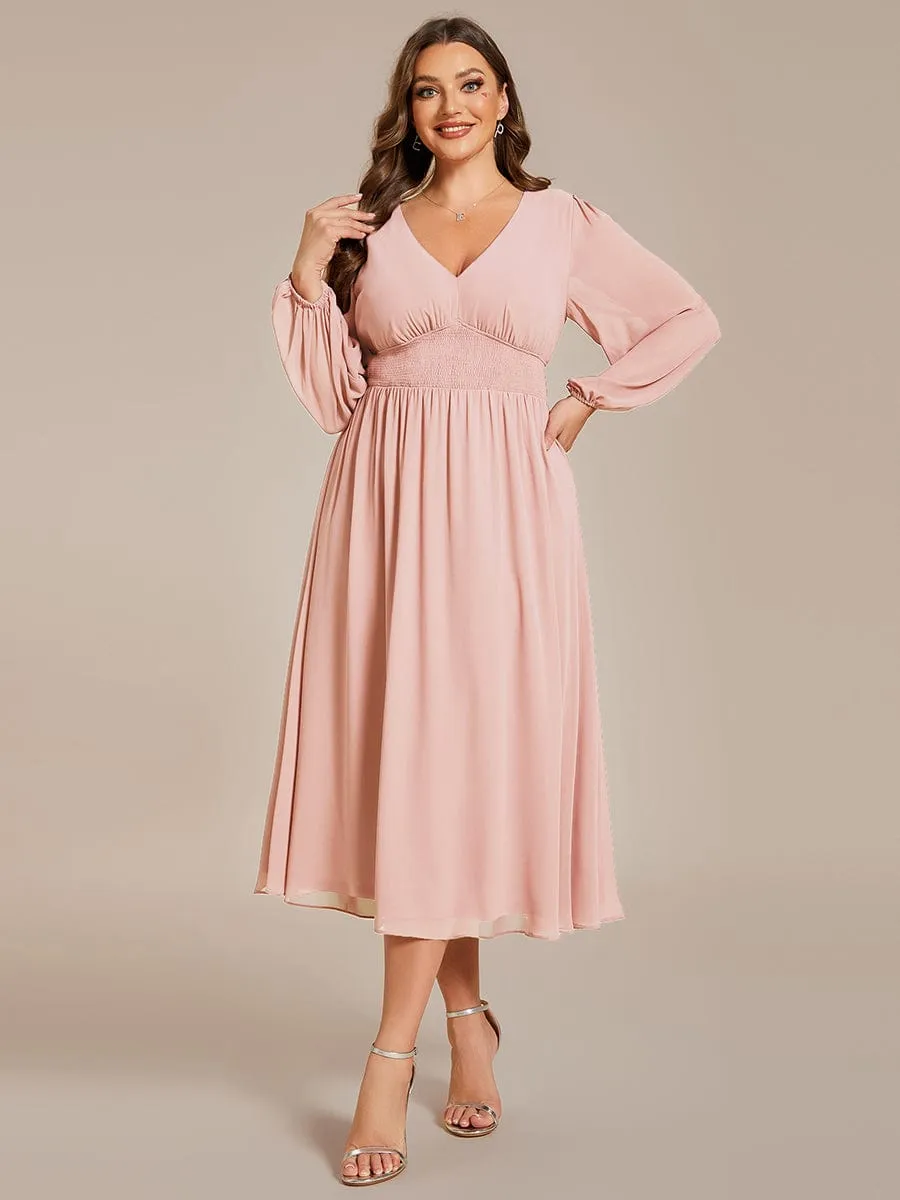 Chiffon V-Neck Long Sleeves Elastic Band Midi Wedding Guest Dress