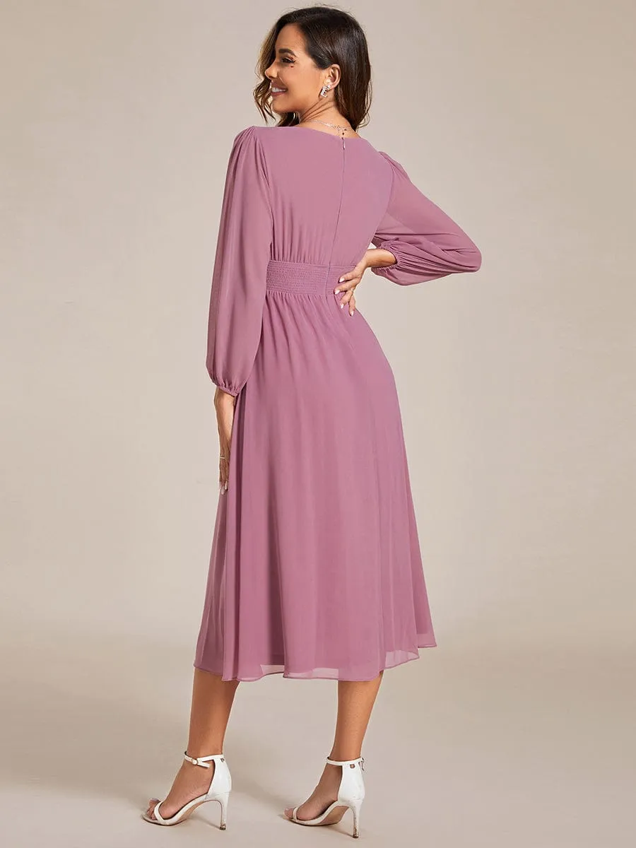 Chiffon V-Neck Long Sleeves Elastic Band Midi Wedding Guest Dress