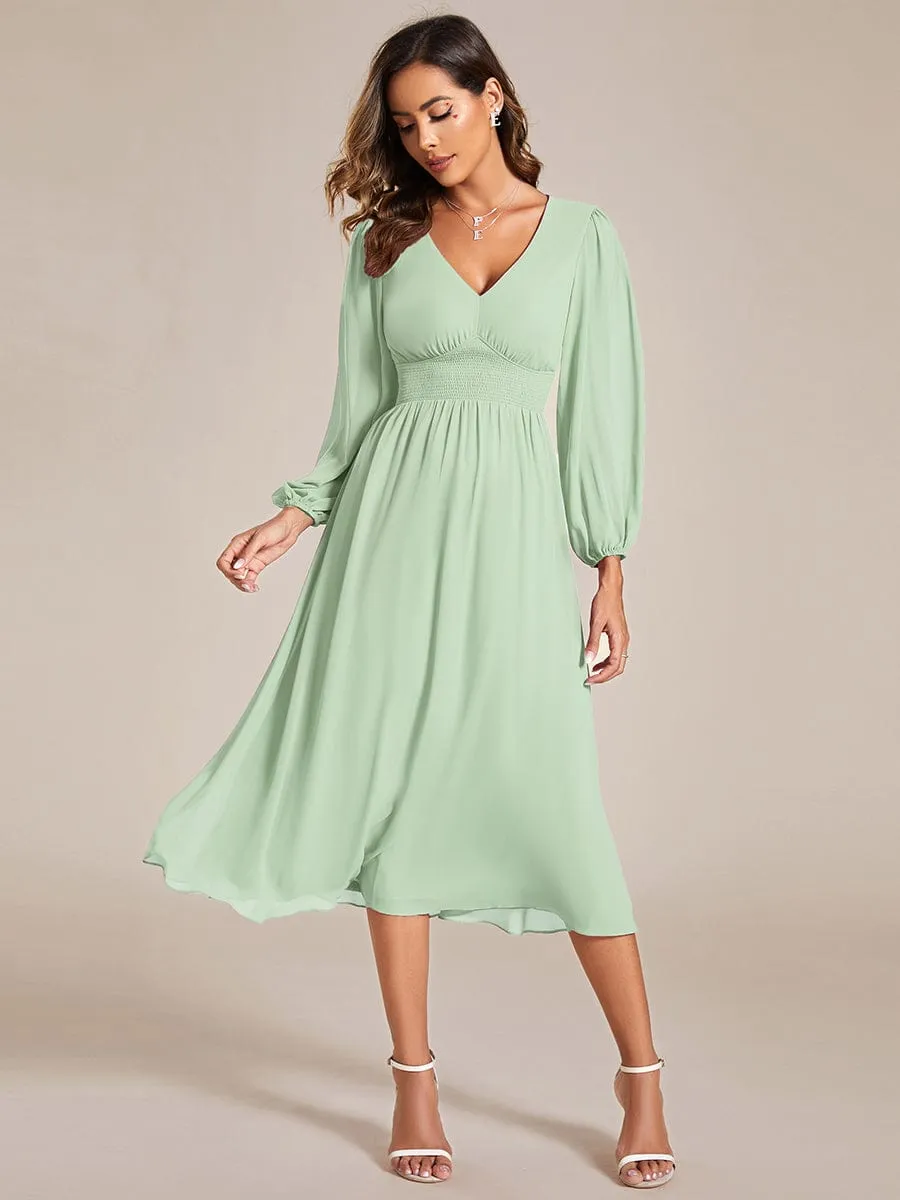 Chiffon V-Neck Long Sleeves Elastic Band Midi Wedding Guest Dress