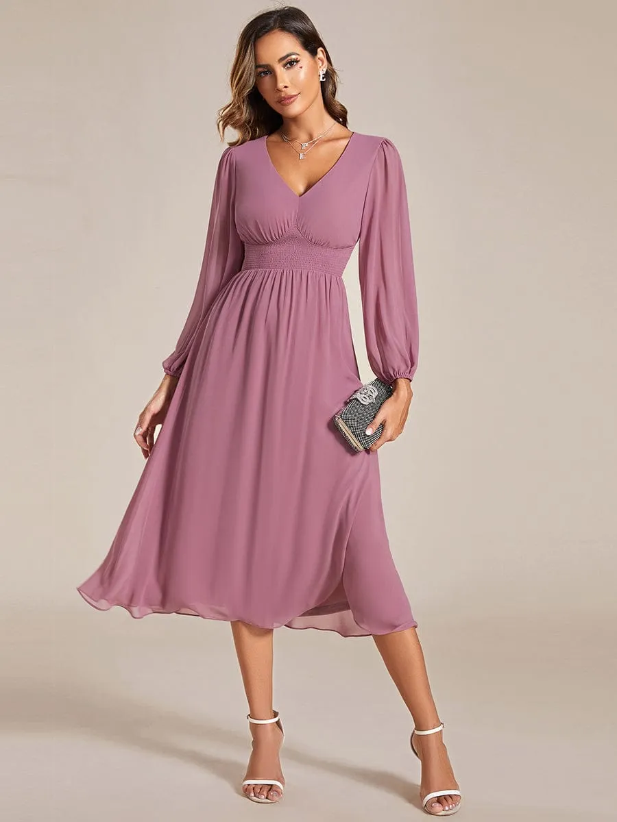 Chiffon V-Neck Long Sleeves Elastic Band Midi Wedding Guest Dress