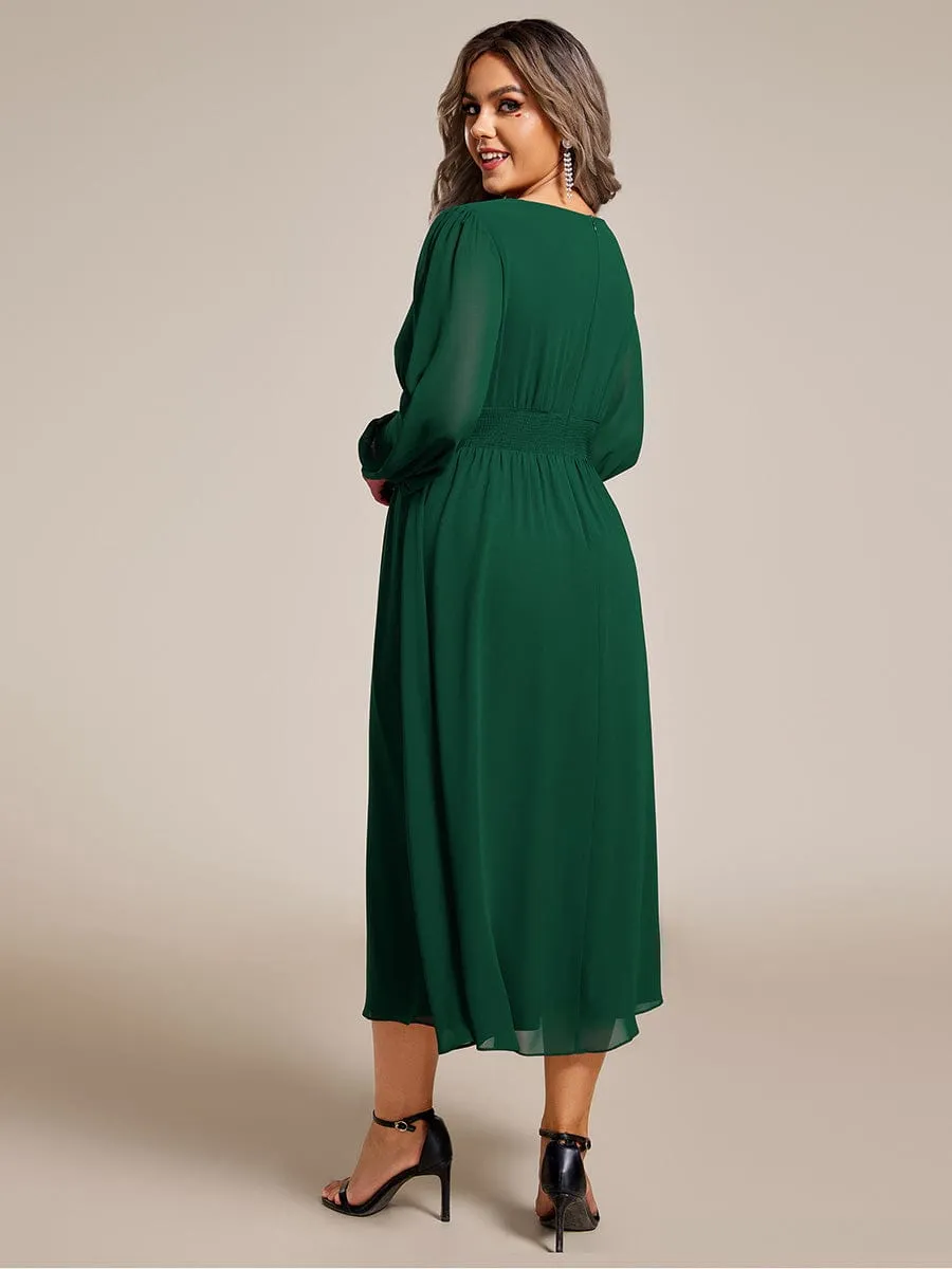 Chiffon V-Neck Long Sleeves Elastic Band Midi Wedding Guest Dress