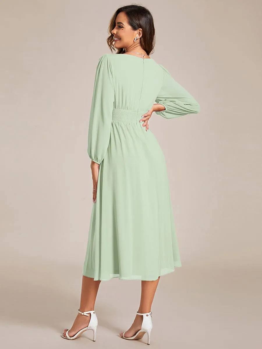 Chiffon V-Neck Long Sleeves Elastic Band Midi Wedding Guest Dress