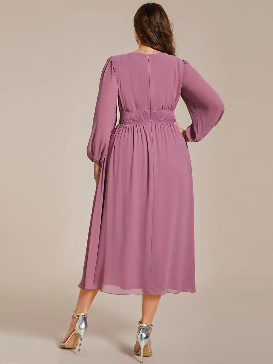 Chiffon V-Neck Long Sleeves Elastic Band Midi Wedding Guest Dress