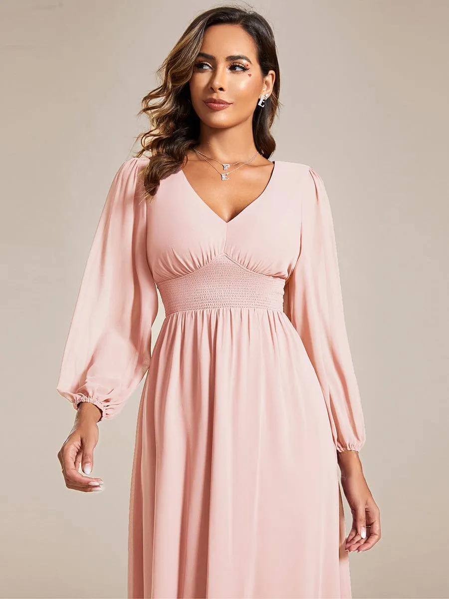 Chiffon V-Neck Long Sleeves Elastic Band Midi Wedding Guest Dress