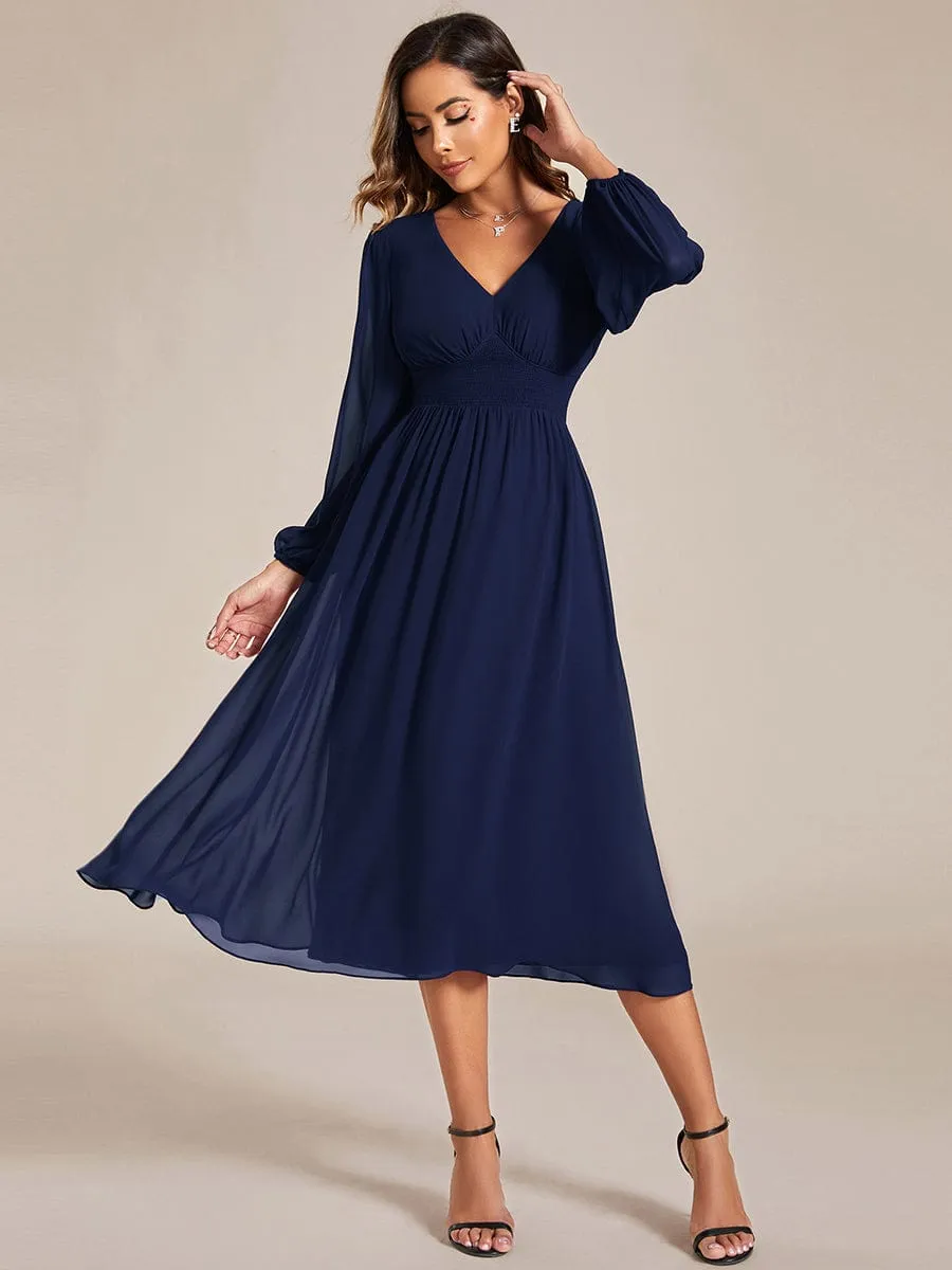 Chiffon V-Neck Long Sleeves Elastic Band Midi Wedding Guest Dress